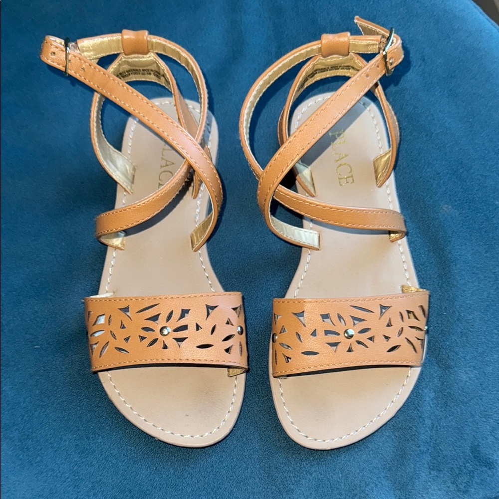 Girls Tan and Gold Strappy Sandals Size 13